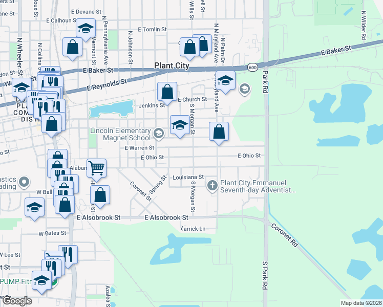 map of restaurants, bars, coffee shops, grocery stores, and more near 1322 East Ohio Street in Plant City