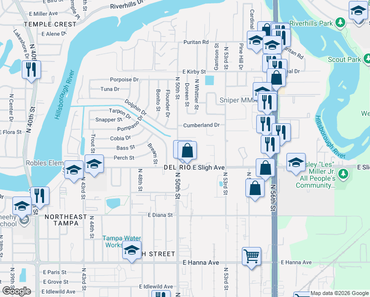 map of restaurants, bars, coffee shops, grocery stores, and more near 5007 East Cluster Avenue in Tampa