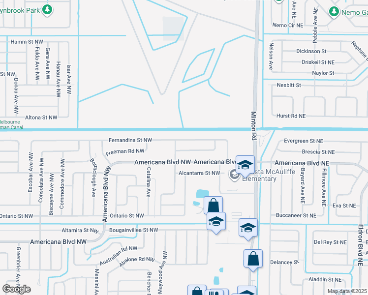 map of restaurants, bars, coffee shops, grocery stores, and more near 350 Fernandina Street Northwest in Palm Bay