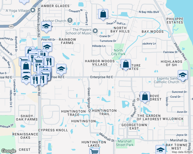 map of restaurants, bars, coffee shops, grocery stores, and more near 3310 Enterprise Road East in Safety Harbor