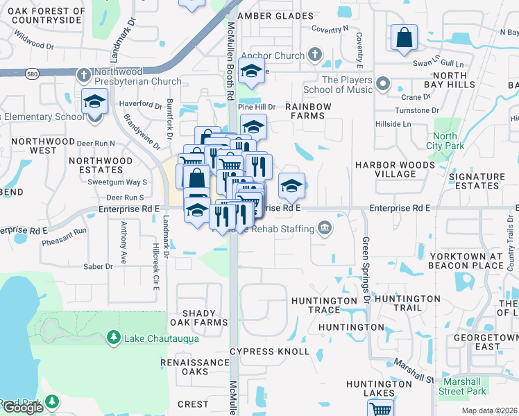 map of restaurants, bars, coffee shops, grocery stores, and more near Enterprise Road East in Clearwater