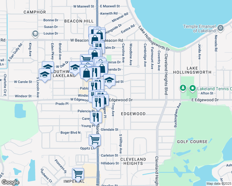map of restaurants, bars, coffee shops, grocery stores, and more near 328 East Edgewood Drive in Lakeland