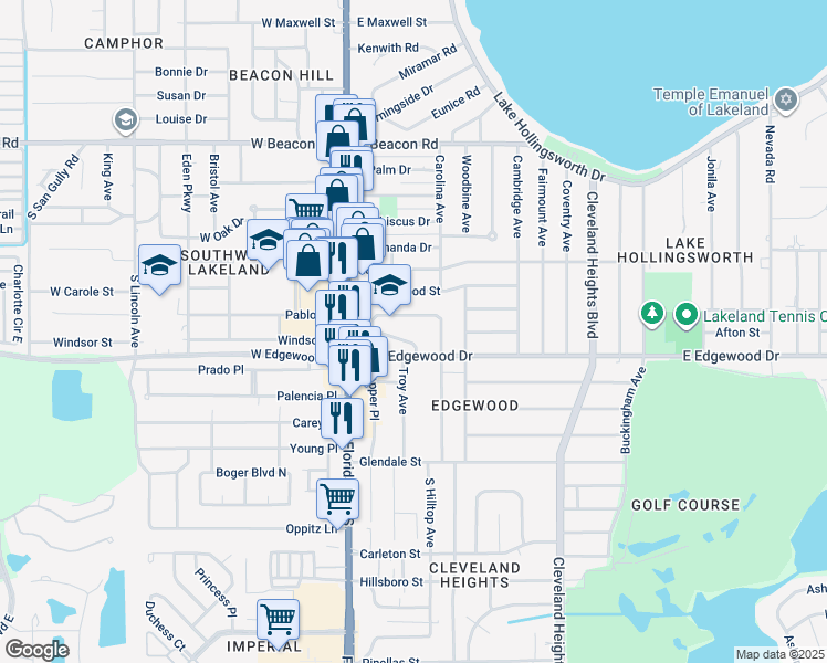 map of restaurants, bars, coffee shops, grocery stores, and more near 328 East Edgewood Drive in Lakeland