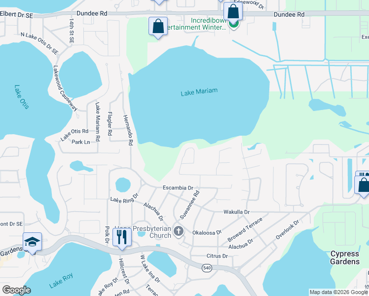 map of restaurants, bars, coffee shops, grocery stores, and more near 1026 South Lake Mariam Drive in Winter Haven