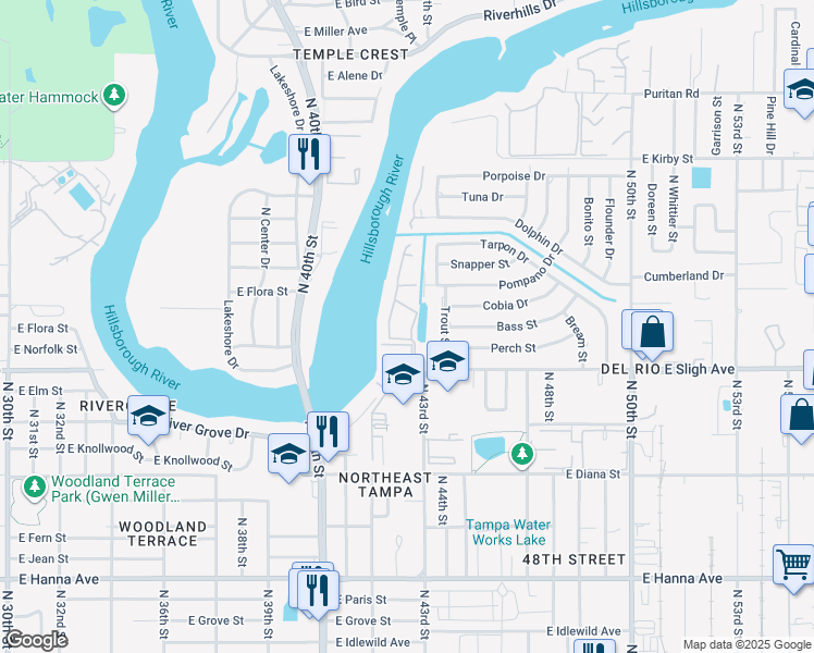 map of restaurants, bars, coffee shops, grocery stores, and more near 7176 East Bank Drive in Tampa