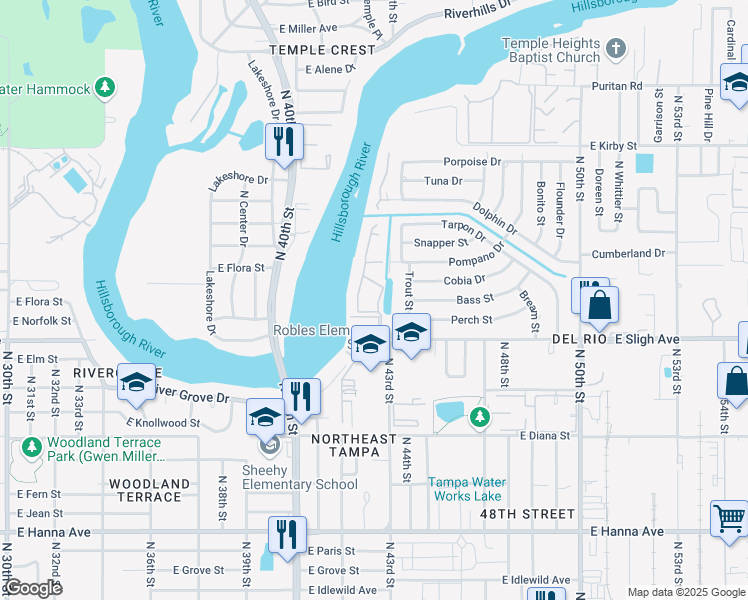 map of restaurants, bars, coffee shops, grocery stores, and more near 7102 Waterside Drive in Tampa