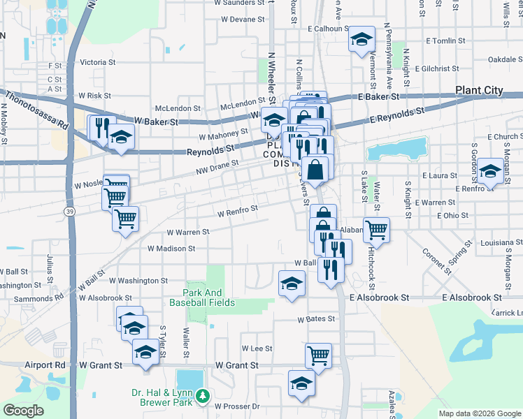 map of restaurants, bars, coffee shops, grocery stores, and more near 505 West Renfro Street in Plant City