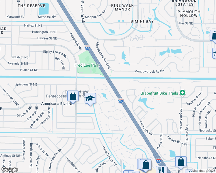 map of restaurants, bars, coffee shops, grocery stores, and more near 615 Sunrise Court Northeast in Palm Bay