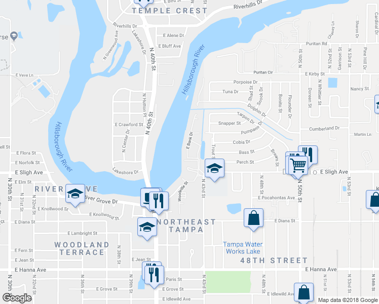 map of restaurants, bars, coffee shops, grocery stores, and more near 7121 East Bank Drive in Tampa
