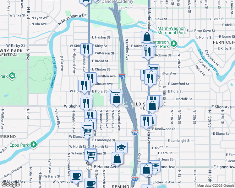 map of restaurants, bars, coffee shops, grocery stores, and more near 6920 North Central Avenue in Tampa