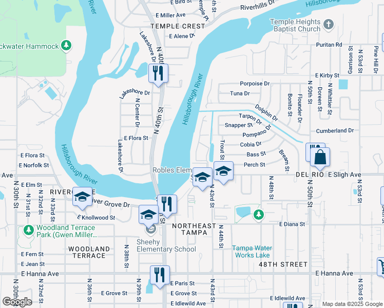 map of restaurants, bars, coffee shops, grocery stores, and more near 7176 East Bank Drive in Tampa