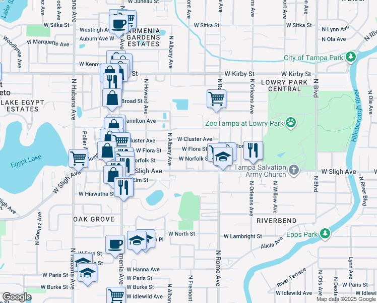 map of restaurants, bars, coffee shops, grocery stores, and more near 1901 West Flora Street in Tampa