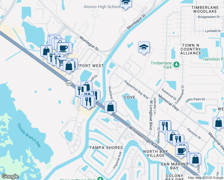 map of restaurants, bars, coffee shops, grocery stores, and more near 6702 Leeward Isle Way in Tampa