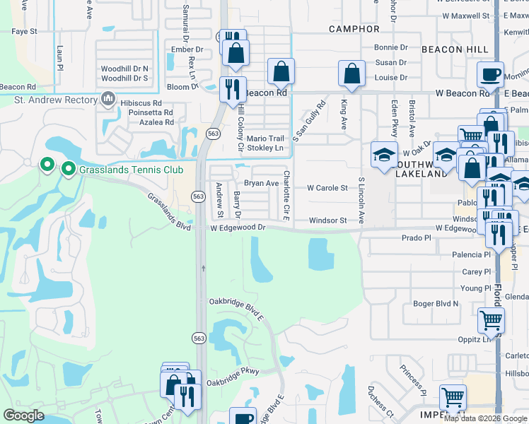 map of restaurants, bars, coffee shops, grocery stores, and more near 316 James Street in Lakeland