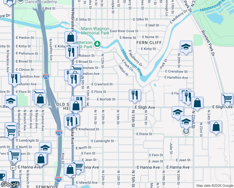 map of restaurants, bars, coffee shops, grocery stores, and more near 1308 East Flora Street in Tampa