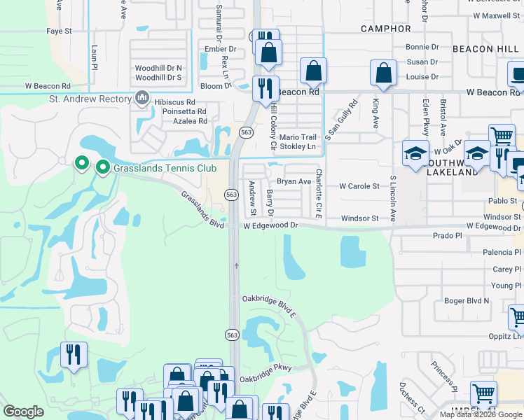 map of restaurants, bars, coffee shops, grocery stores, and more near Matthew St in Lakeland