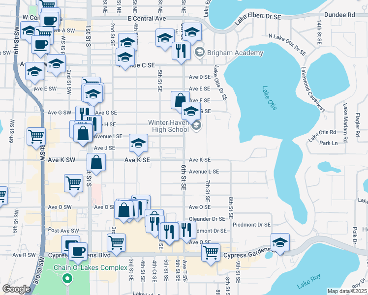 map of restaurants, bars, coffee shops, grocery stores, and more near 598 Avenue J Southeast in Winter Haven