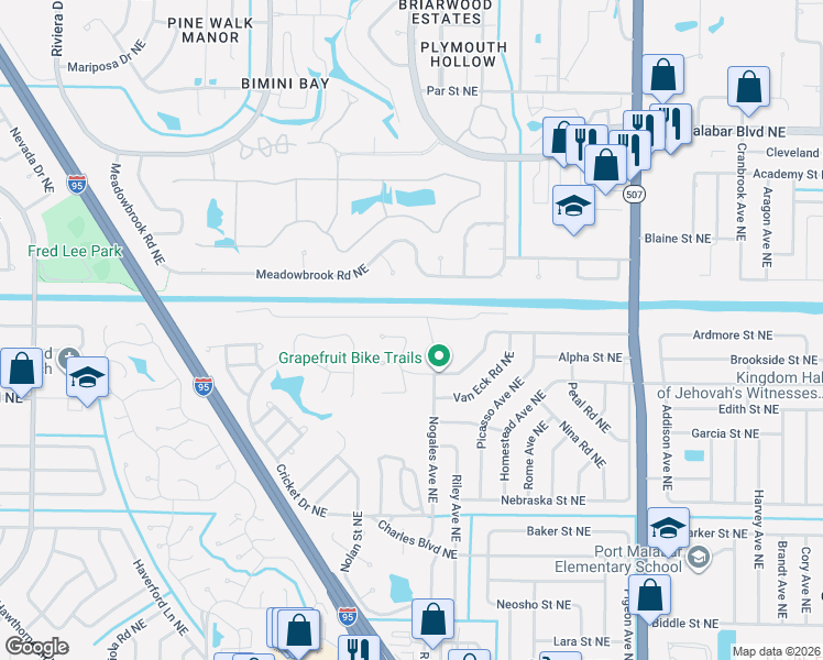 map of restaurants, bars, coffee shops, grocery stores, and more near 575 Laurel Oak Court Northeast in Palm Bay