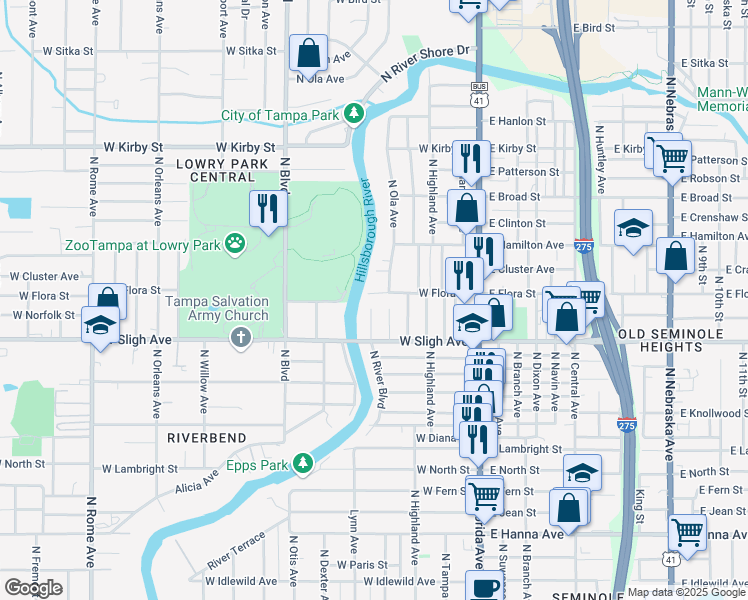 map of restaurants, bars, coffee shops, grocery stores, and more near 408 West Flora Street in Tampa