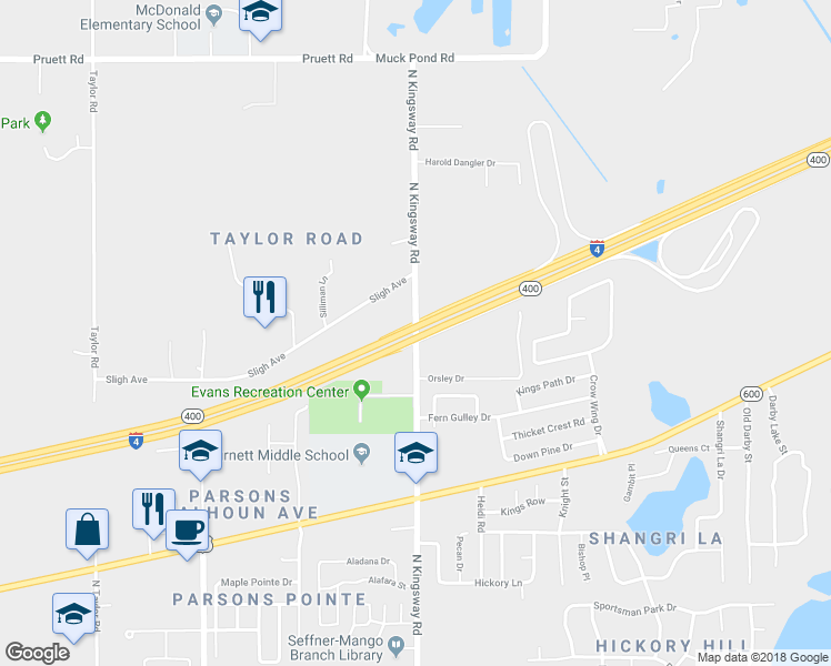 map of restaurants, bars, coffee shops, grocery stores, and more near 1347 North Kingsway Road in Seffner