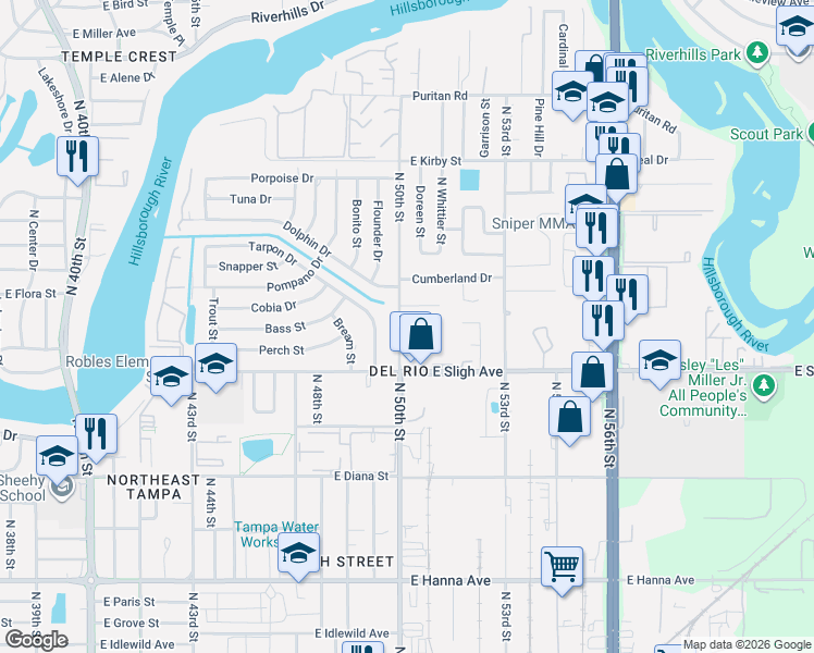 map of restaurants, bars, coffee shops, grocery stores, and more near 5007 East Cluster Avenue in Tampa