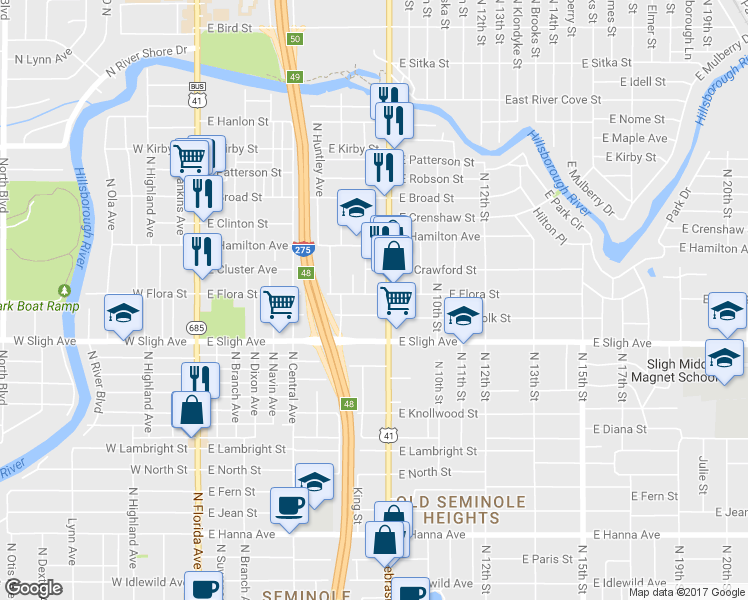 map of restaurants, bars, coffee shops, grocery stores, and more near 821 East Flora Street in Tampa