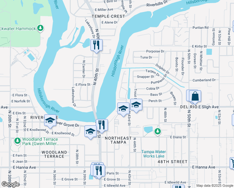 map of restaurants, bars, coffee shops, grocery stores, and more near 7176 East Bank Drive in Tampa