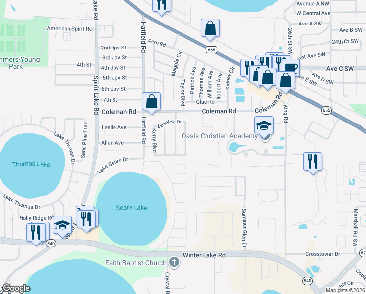map of restaurants, bars, coffee shops, grocery stores, and more near 819 Cinnamon Drive East in Winter Haven