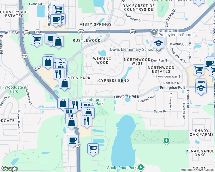 map of restaurants, bars, coffee shops, grocery stores, and more near 2685 Cypress Bend Drive in Clearwater
