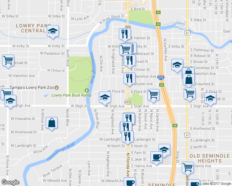 map of restaurants, bars, coffee shops, grocery stores, and more near 200 West Flora Street in Tampa