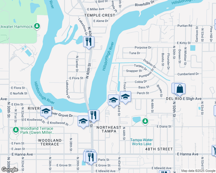map of restaurants, bars, coffee shops, grocery stores, and more near 7176 East Bank Drive in Tampa