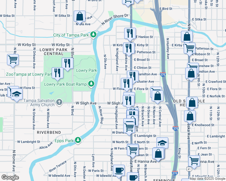 map of restaurants, bars, coffee shops, grocery stores, and more near 301 West Flora Street in Tampa