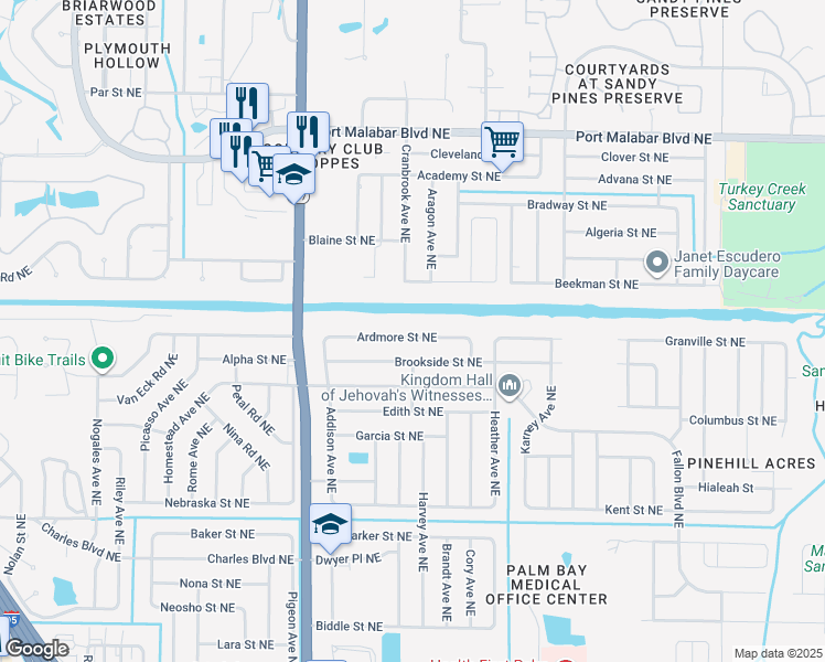 map of restaurants, bars, coffee shops, grocery stores, and more near 1837 Ardmore Street Northeast in Palm Bay