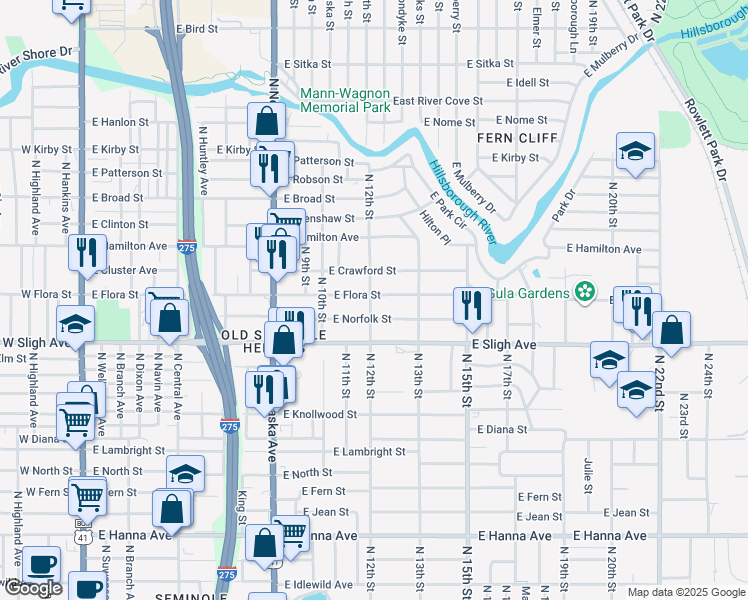 map of restaurants, bars, coffee shops, grocery stores, and more near 1020 East Flora Street in Tampa