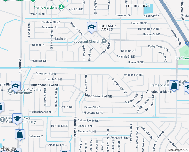 map of restaurants, bars, coffee shops, grocery stores, and more near 492 Evergreen Street Northeast in Palm Bay