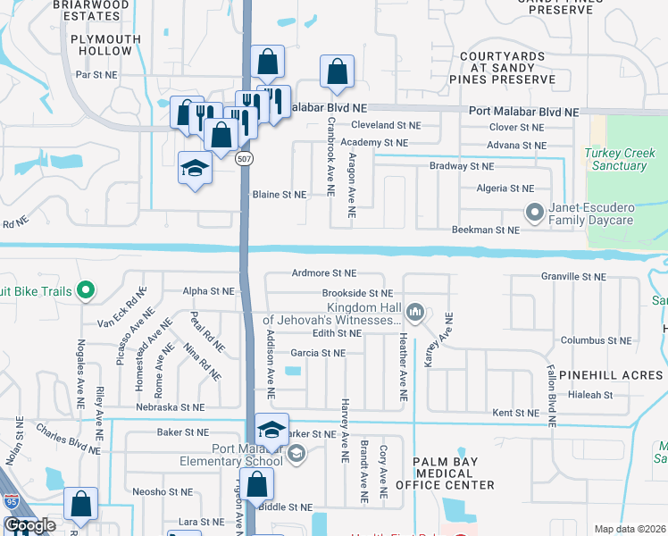 map of restaurants, bars, coffee shops, grocery stores, and more near 1837 Ardmore Street Northeast in Palm Bay
