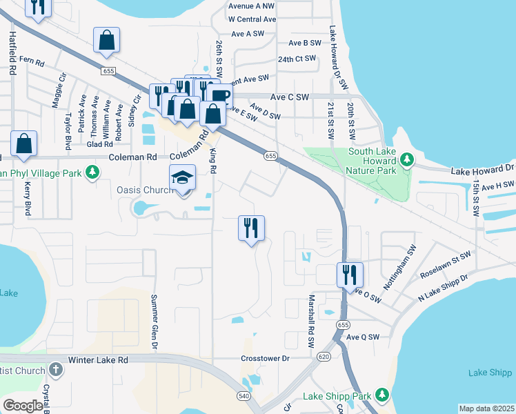 map of restaurants, bars, coffee shops, grocery stores, and more near 1736 Wallace Manor Loop in Winter Haven