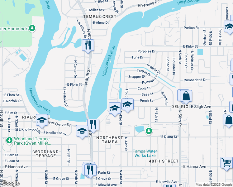 map of restaurants, bars, coffee shops, grocery stores, and more near 6944 Trout Street in Tampa