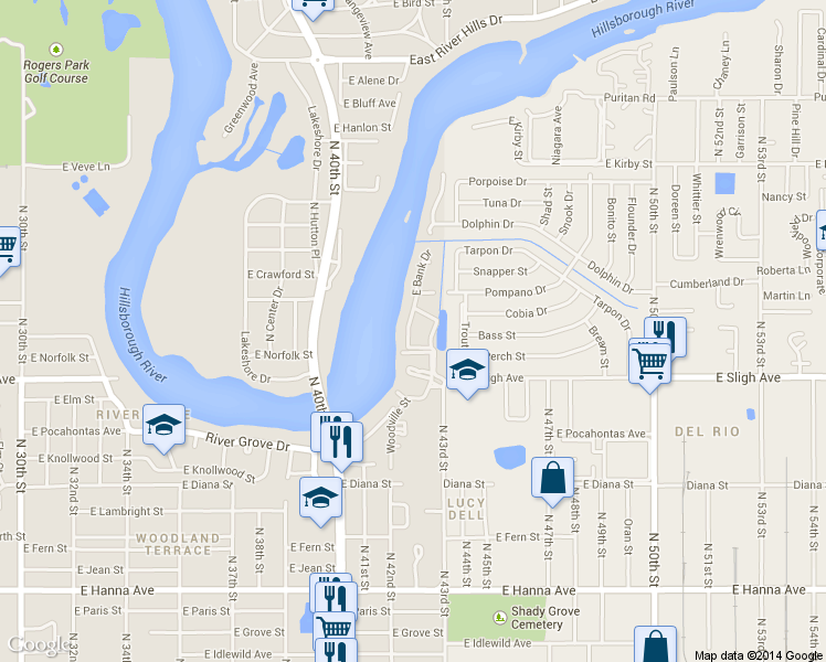 map of restaurants, bars, coffee shops, grocery stores, and more near 7176 East Bank Drive in Tampa