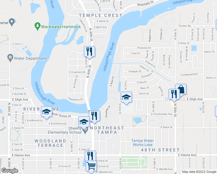 map of restaurants, bars, coffee shops, grocery stores, and more near 7176 East Bank Drive in Tampa