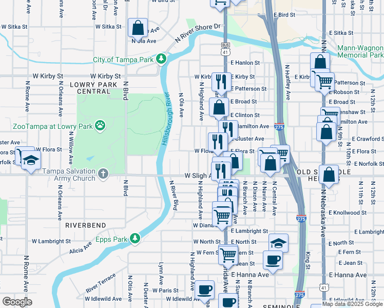 map of restaurants, bars, coffee shops, grocery stores, and more near 301 West Flora Street in Tampa
