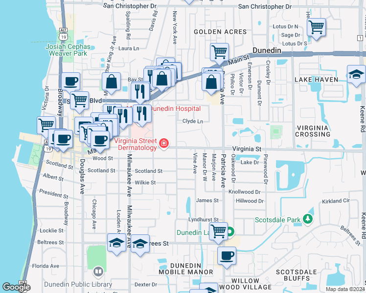 map of restaurants, bars, coffee shops, grocery stores, and more near 820 Virginia Street in Dunedin