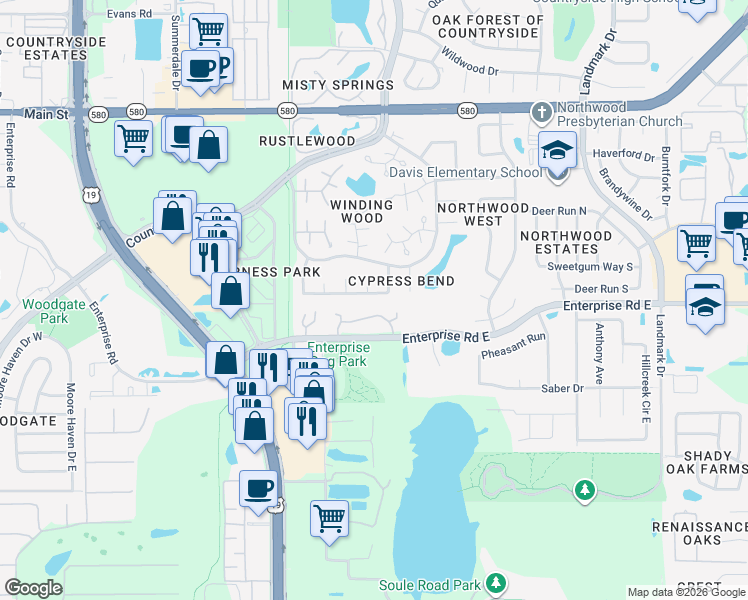map of restaurants, bars, coffee shops, grocery stores, and more near 2679 Cypress Bend Drive in Clearwater