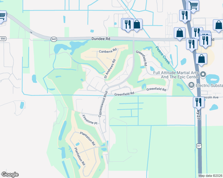 map of restaurants, bars, coffee shops, grocery stores, and more near 424 Sandestin Drive Southeast in Winter Haven