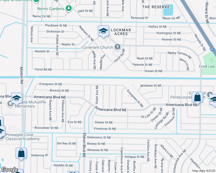 map of restaurants, bars, coffee shops, grocery stores, and more near 492 Evergreen Street Northeast in Palm Bay