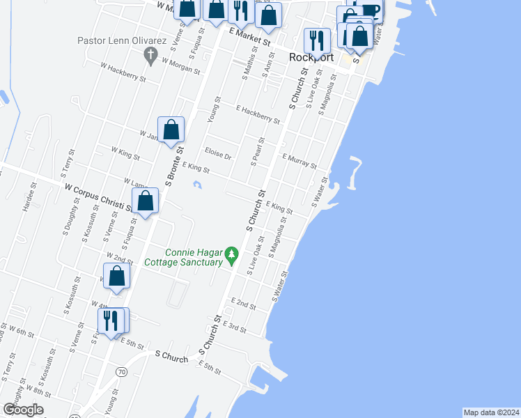 map of restaurants, bars, coffee shops, grocery stores, and more near 1210 South Church Street in Rockport