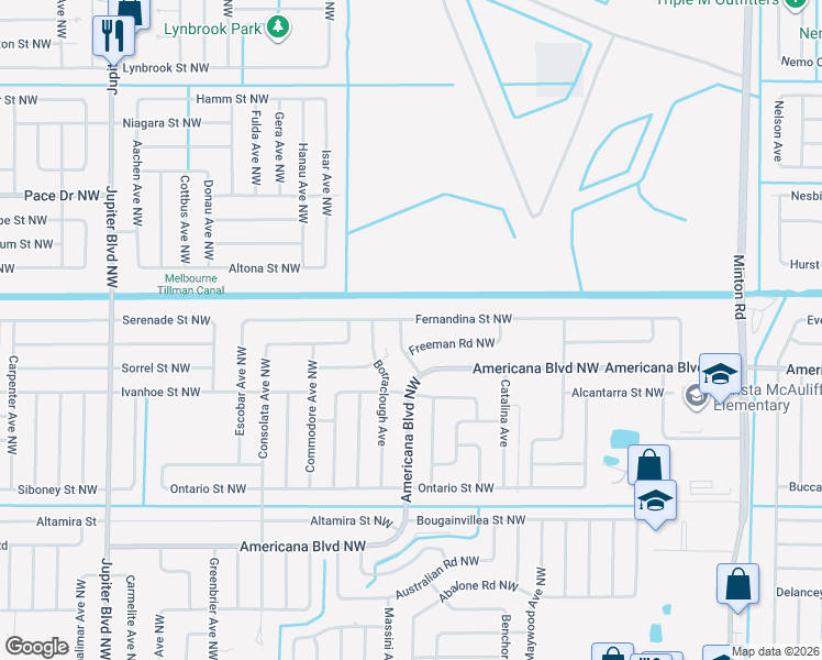 map of restaurants, bars, coffee shops, grocery stores, and more near 566 Fernandina Street Northwest in Palm Bay