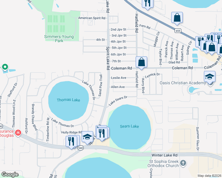 map of restaurants, bars, coffee shops, grocery stores, and more near 1002 Spirit Lake Road in Winter Haven