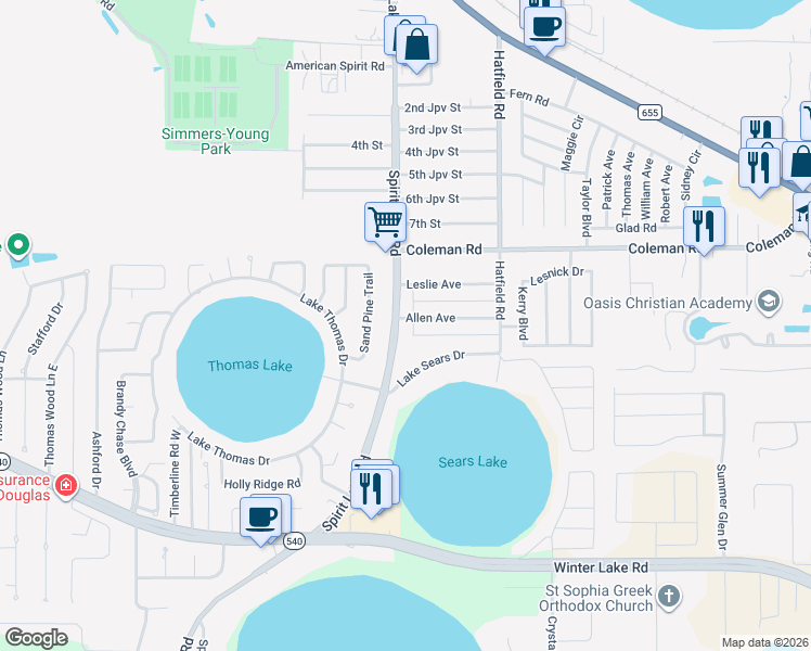 map of restaurants, bars, coffee shops, grocery stores, and more near 1002 Spirit Lake Road in Winter Haven