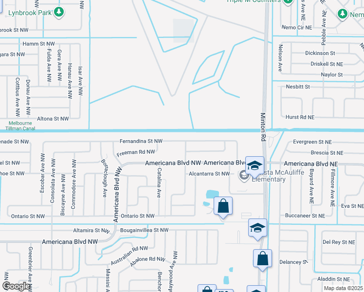 map of restaurants, bars, coffee shops, grocery stores, and more near 350 Fernandina Street Northwest in Palm Bay